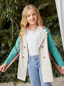 SHEIN Niñas Abrigo de color combinado de manga raglán con botones con cinturón - Multicolor - Ver 5