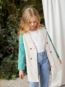SHEIN Niñas Abrigo de color combinado de manga raglán con botones con cinturón - Multicolor - Ver 6