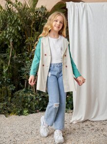 SHEIN Niñas Abrigo de color combinado de manga raglán con botones con cinturón - Multicolor - Ver 7