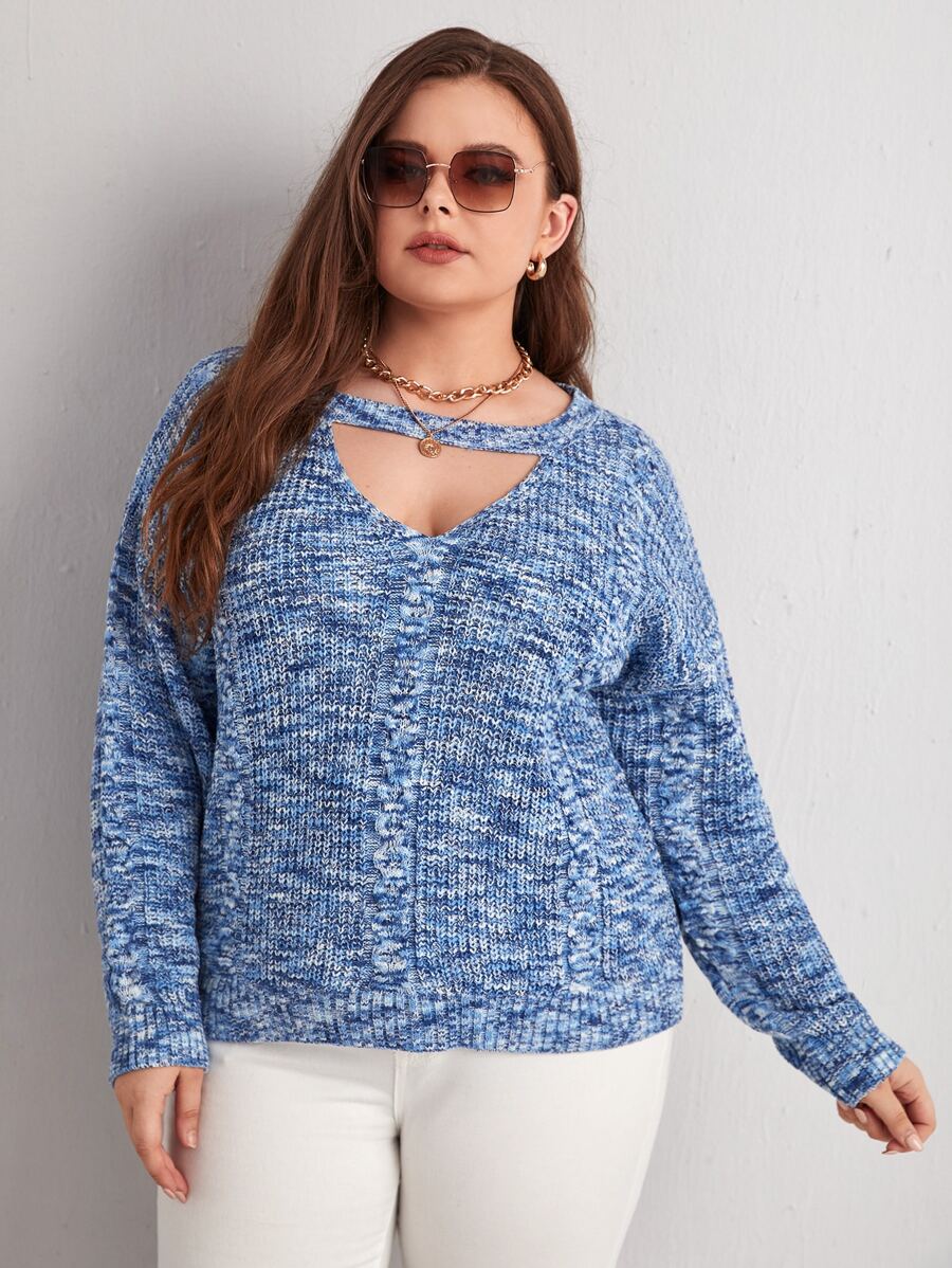 Plus Keyhole Neck Marled Knit Drop Shoulder Jumper - Blue - View 1