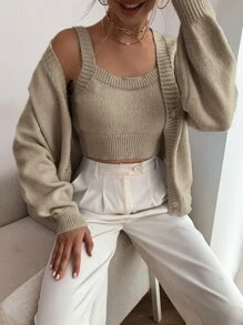 SHEIN EZwear 落肩袖開襟衫和短款針織背心上衣 - 卡其色 - 查看 1