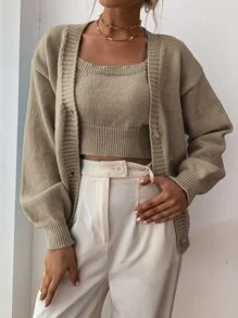 SHEIN EZwear 落肩袖開襟衫和短款針織背心上衣 - 卡其色 - 查看 3