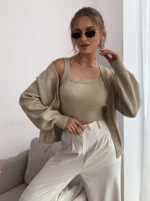 SHEIN EZwear 落肩袖開襟衫和短款針織背心上衣 - 卡其色 - 查看 4