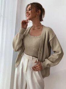 SHEIN EZwear 落肩袖開襟衫和短款針織背心上衣 - 卡其色 - 查看 6