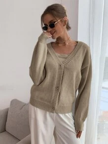 SHEIN EZwear 落肩袖開襟衫和短款針織背心上衣 - 卡其色 - 查看 7