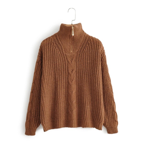 

Drop Shoulder Quarter Zip Cable Knit Sweater, Coffee brown