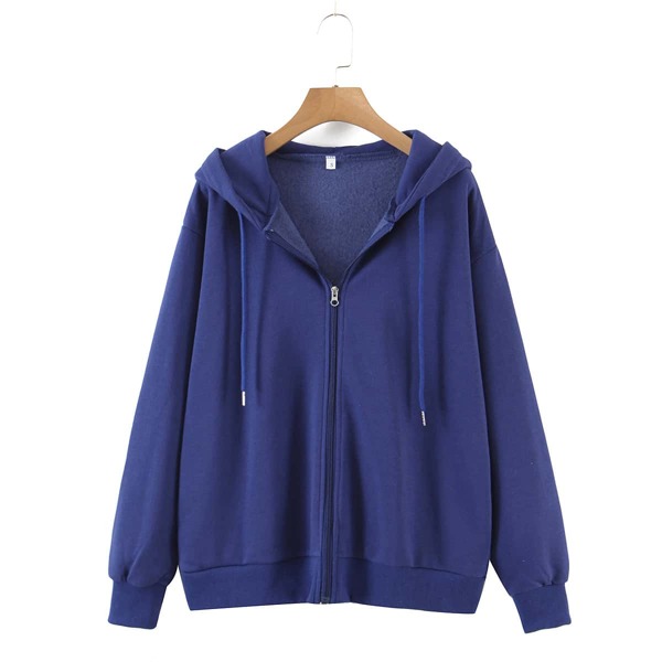 

Drop Shoulder Zip Up Drawstring Hoodie, Navy blue