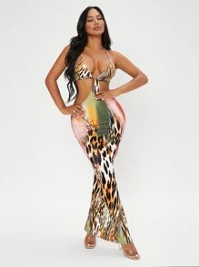 SHEIN SXY Beach;Leopard Print Cut Out Split Hem Dress