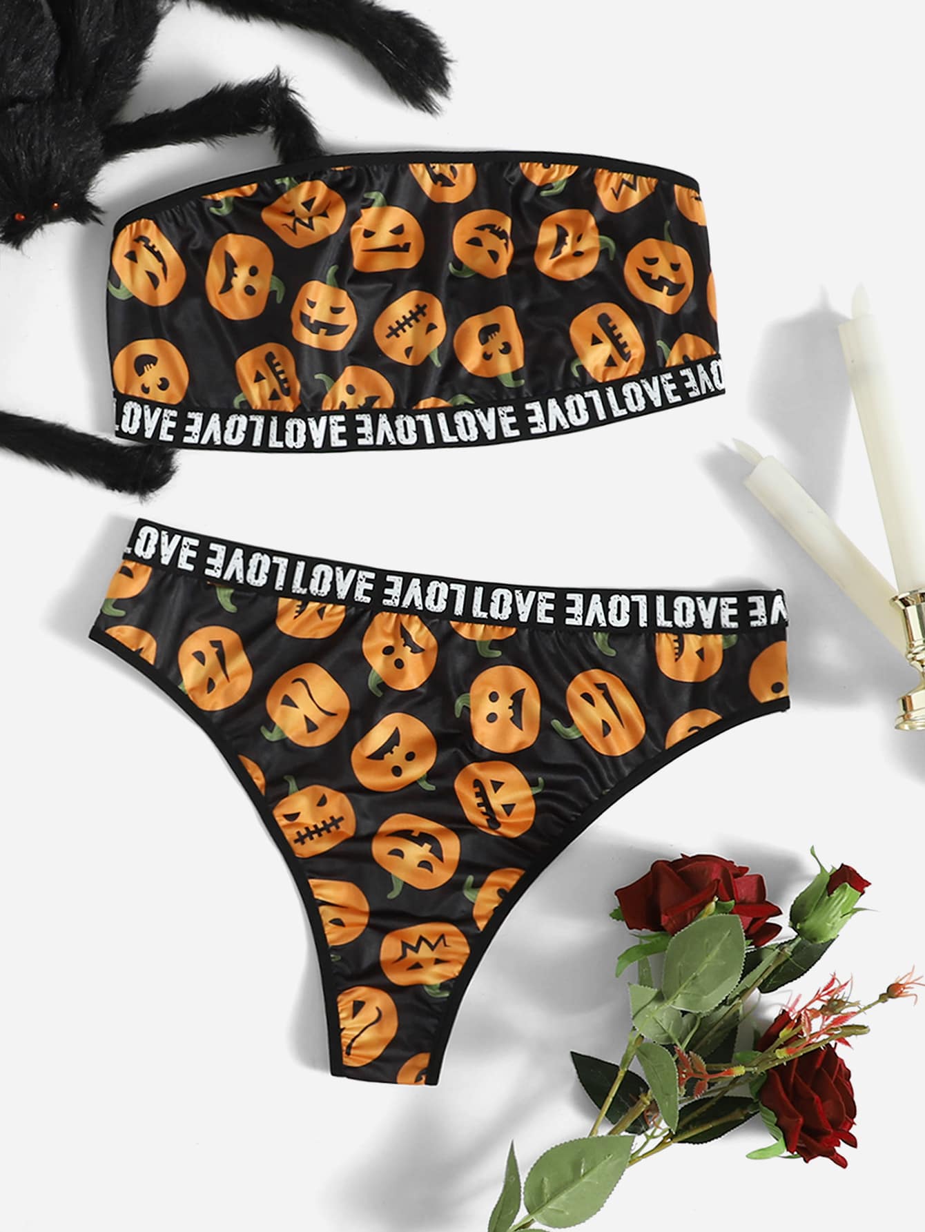 Plus Halloween Pumpkin Print Bandeau Lingerie Set - Multicolor - View 1