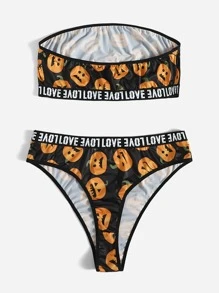 Plus Halloween Pumpkin Print Bandeau Lingerie Set - Multicolor - View 2