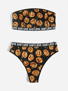 Plus Halloween Pumpkin Print Bandeau Lingerie Set - Multicolor - View 3