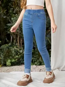 SHEIN Leap Crew 初中女生1件彈性腰牛仔褲 - 中等水洗藍 - 查看 3