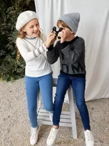 SHEIN Leap Crew 初中女生1件彈性腰牛仔褲 - 中等水洗藍 - 查看 4