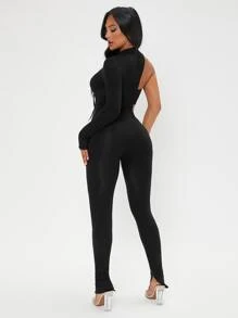 SHEIN SXY Bộ đồ hai mảnh nữ Cắt ra màu trơn Gợi cảm - màu đen - Xem 2