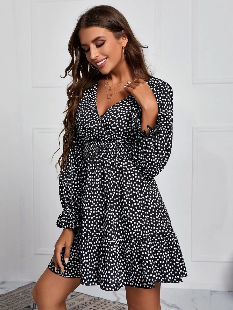 SHEIN Đầm Xù Viên lá sen Dải chun Chấm bi Boho - Đen và trắng - Xem 1