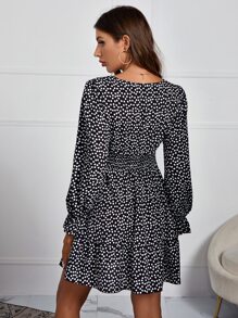 SHEIN Đầm Xù Viên lá sen Dải chun Chấm bi Boho - Đen và trắng - Xem 2