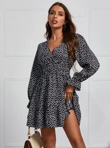 SHEIN Đầm Xù Viên lá sen Dải chun Chấm bi Boho - Đen và trắng - Xem 3