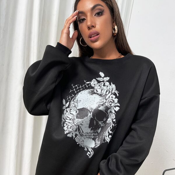 

Skull & Floral Print Drop Shoulder Pullover, Black