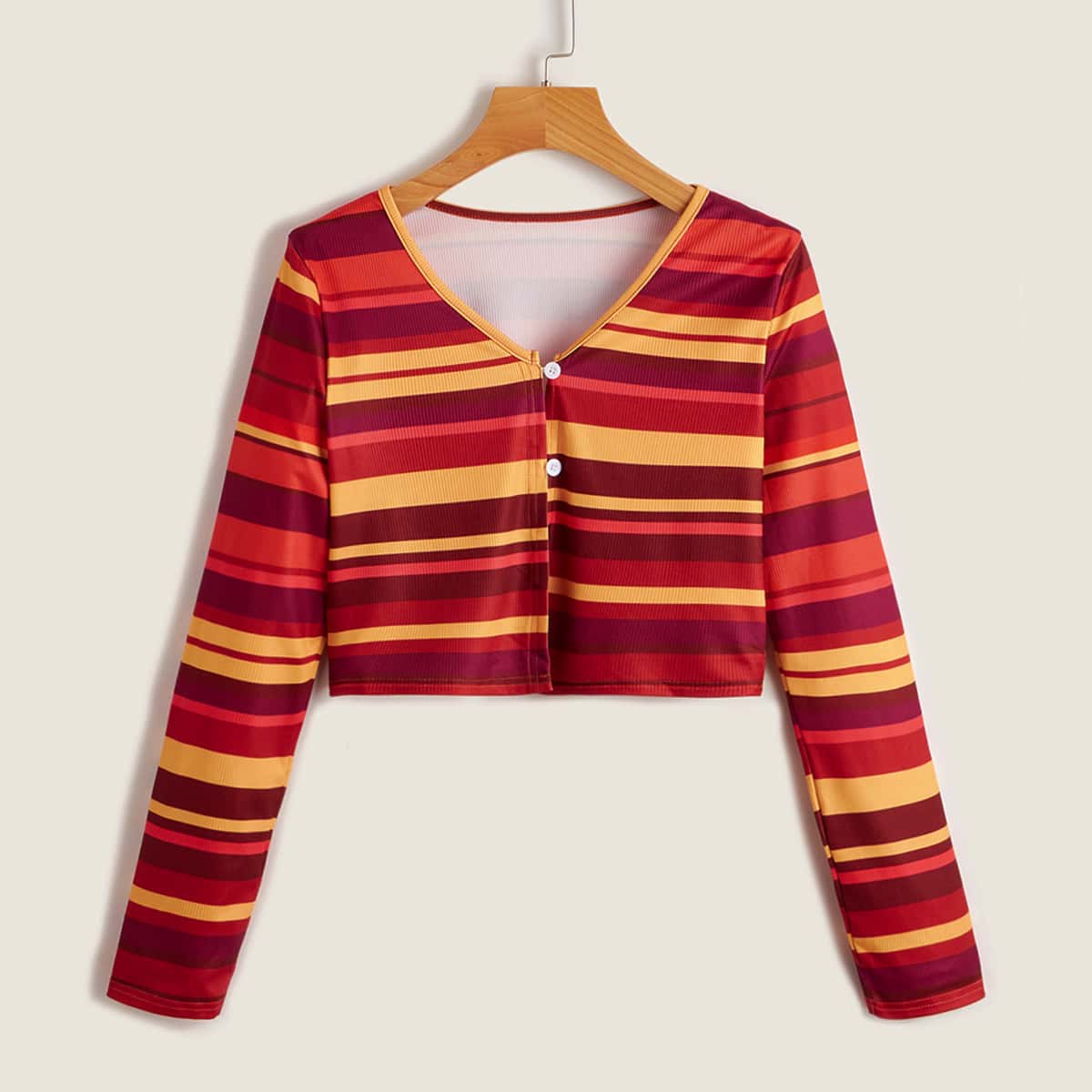 

Striped Print V Neck Crop Top, Multicolor
