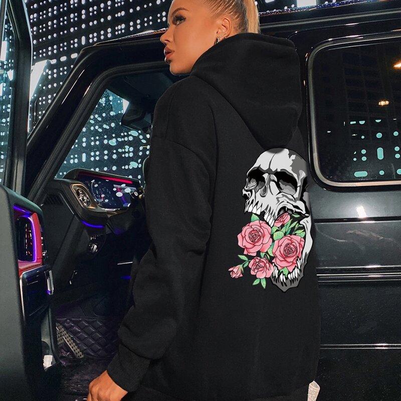 

Skull And Floral Print Drawstring Drop Shoulder Kangaroo Pocket Hoodie, Black