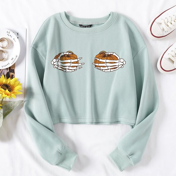 

Halloween Print Drop Shoulder Crop Sweatshirt, Mint green