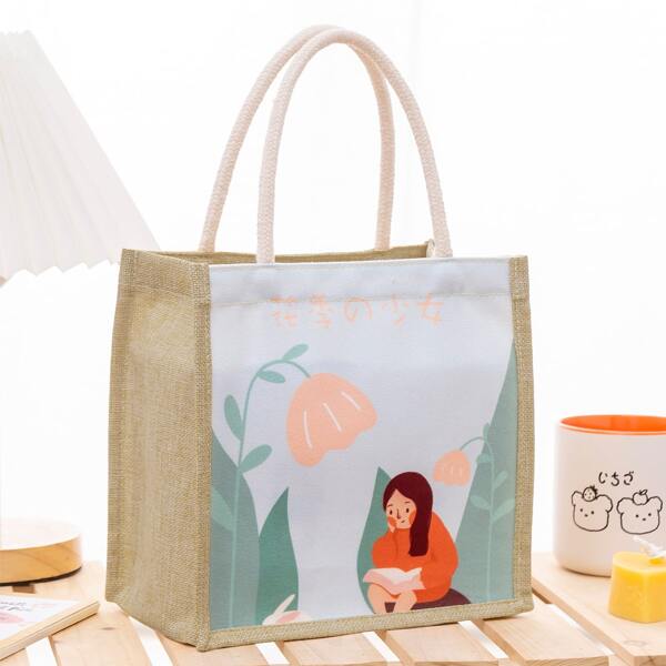 

Chinese Letter & Cartoon Graphic Satchel Bag, Apricot