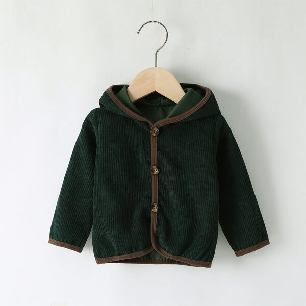 

Baby Boy Contrast Binding Corduroy Hooded Coat, Dark green