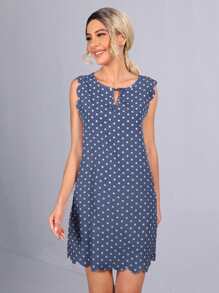 SHEIN Clasi Dress Memotong Scallop Polka Dot Boho - Dusty Blue - View 1