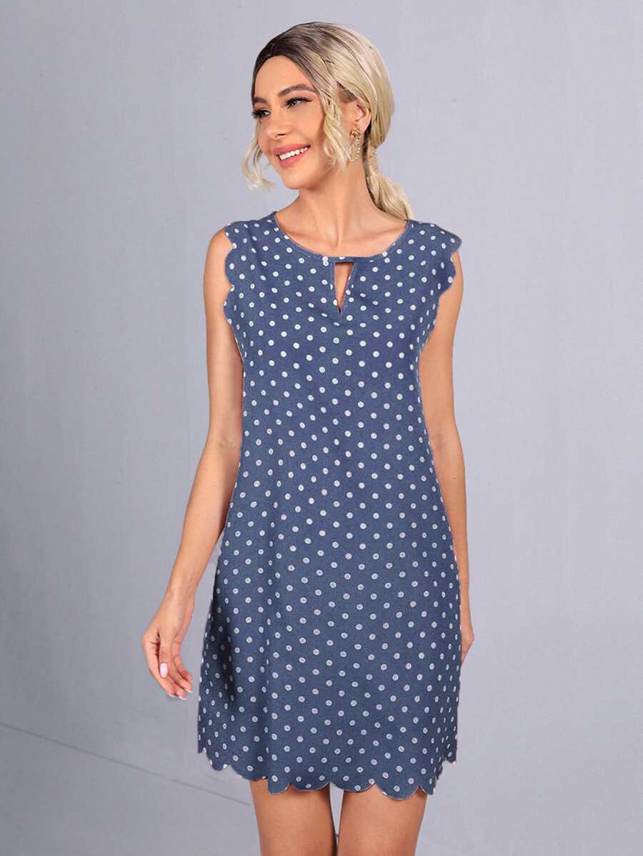 SHEIN Clasi Dress Memotong Scallop Polka Dot Boho - Dusty Blue - View 1