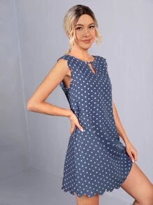 SHEIN Clasi Dress Memotong Scallop Polka Dot Boho - Dusty Blue - View 3