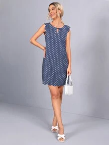 SHEIN Clasi Dress Memotong Scallop Polka Dot Boho - Dusty Blue - View 4