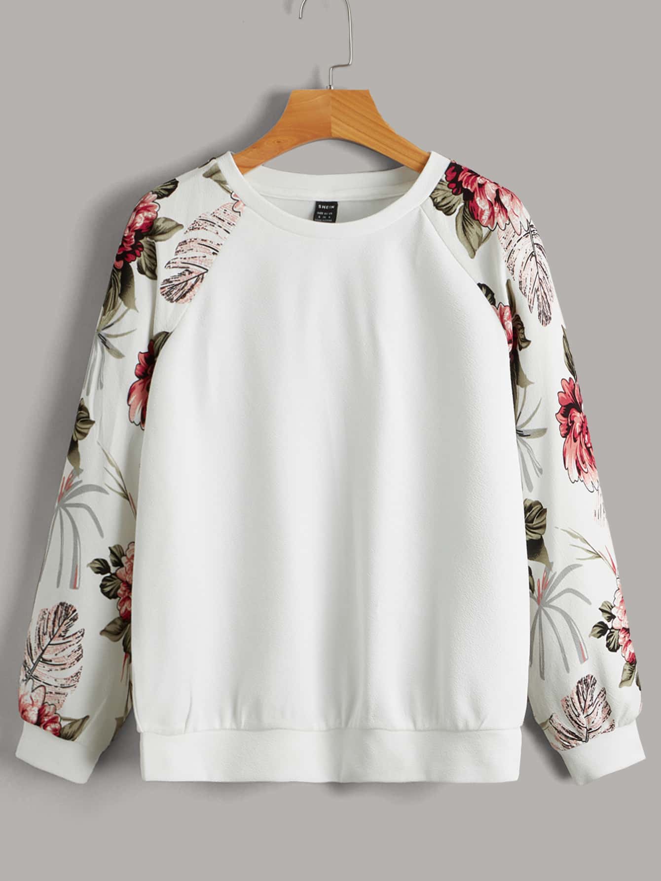 SHEIN LUNE Pullover con estampado floral de manga raglán - Blanco - Ver 1