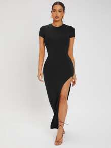 SHEIN SXY Đầm Tách cao màu trơn Gợi cảm - màu đen - Xem 4