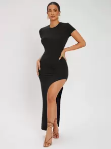 SHEIN SXY Đầm Tách cao màu trơn Gợi cảm - màu đen - Xem 5