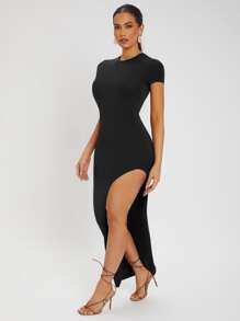 SHEIN SXY Đầm Tách cao màu trơn Gợi cảm - màu đen - Xem 6