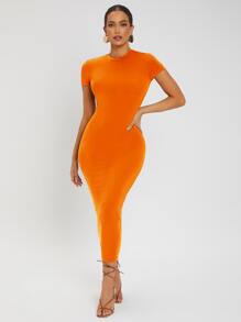 SHEIN SXY 素色圓領緊身洋裝 - 橘色 - 查看 2