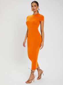 SHEIN SXY 素色圓領緊身洋裝 - 橘色 - 查看 4
