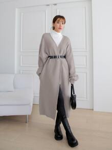 DAZY Drop Shoulder Longline Cardigan Without Belt - Grey - View 3