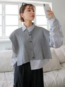 DAZY 條紋針織無袖短款開衫和豎條紋不對稱下擺襯衫 - 灰色 - 查看 1