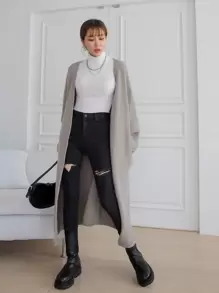 DAZY Drop Shoulder Longline Cardigan Without Belt - Grey - View 4