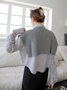 DAZY 條紋針織無袖短款開衫和豎條紋不對稱下擺襯衫 - 灰色 - 查看 2