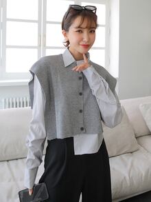 DAZY 條紋針織無袖短款開衫和豎條紋不對稱下擺襯衫 - 灰色 - 查看 3