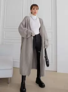 DAZY Drop Shoulder Longline Cardigan Without Belt - Grey - View 7