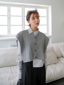 DAZY 條紋針織無袖短款開衫和豎條紋不對稱下擺襯衫 - 灰色 - 查看 4