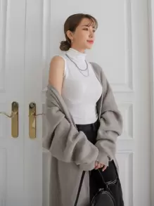 DAZY Drop Shoulder Longline Cardigan Without Belt - Grey - View 8