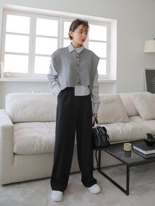 DAZY 條紋針織無袖短款開衫和豎條紋不對稱下擺襯衫 - 灰色 - 查看 5