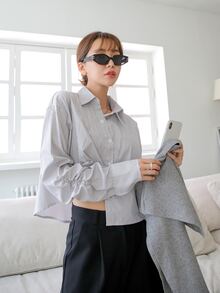 DAZY 條紋針織無袖短款開衫和豎條紋不對稱下擺襯衫 - 灰色 - 查看 7