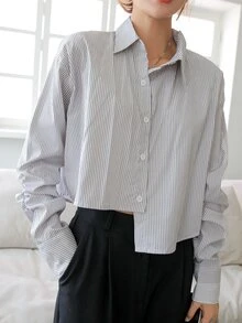 DAZY 條紋針織無袖短款開衫和豎條紋不對稱下擺襯衫 - 灰色 - 查看 9