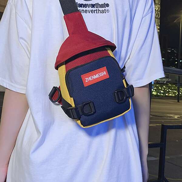 

Men Colorblock Letter Patch Release Buckle Detail Sling Bag, Multicolor