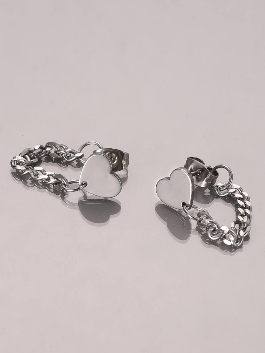 1 对时尚迷人不锈钢仿制心形链耳环，女士日常时尚珠宝配饰，生日派对礼物情人节、妈妈、母亲、母亲节、礼物 - 銀色 - 查看 1